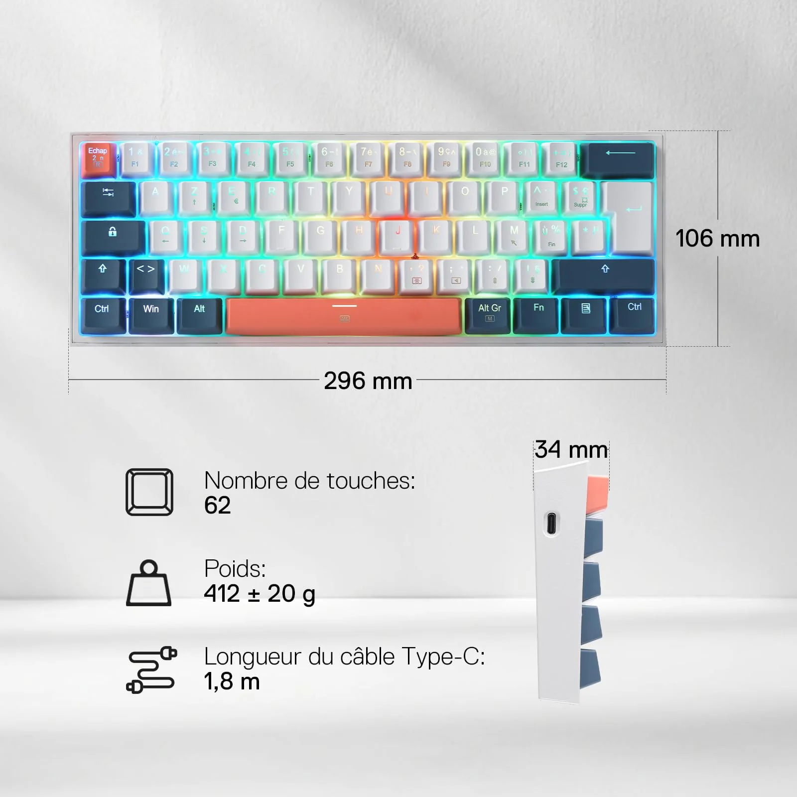 Petit clavier mécanique FIZZ K617 60% Blanc & Bleu - Image 7