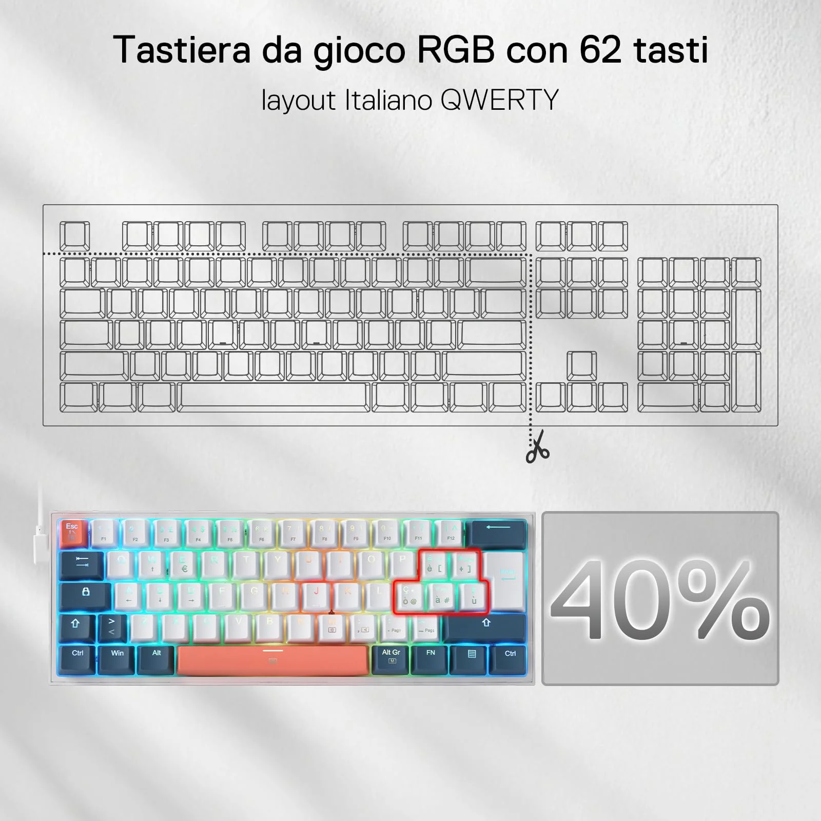 Piccola tastiera meccanica FIZZ K617 60% Bianco & Blu - Image 3
