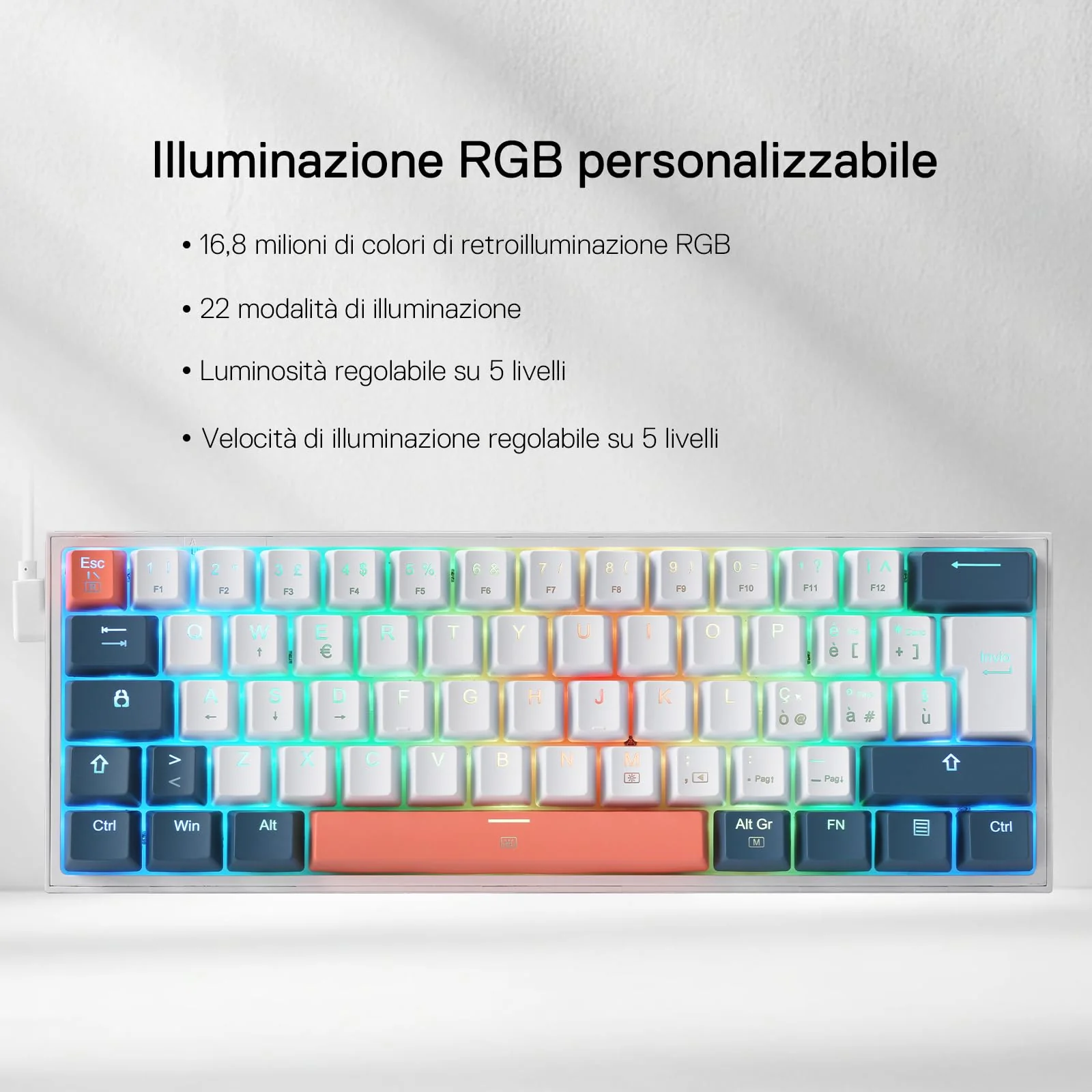 Piccola tastiera meccanica FIZZ K617 60% Bianco & Blu - Image 5